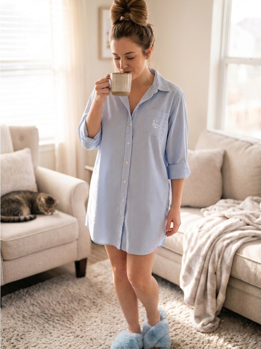 Lauren Ralph Lauren Button Up Sleep Shirt Blue White Striped Cotton Size XL